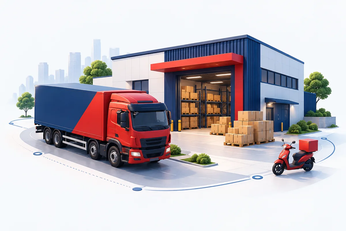 Ilustrasi distribusi barang dengan truk, gudang, dan paket beraksen merah biru